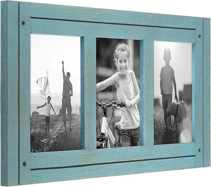 Americanflat Hinged 4x6 Triple Picture Frame with 3 Photo Openings and Polished Glass - Distressed Wood Collage Picture Frames for Tabletop and Wall Display - Hampton Collection - Turquoise Blue