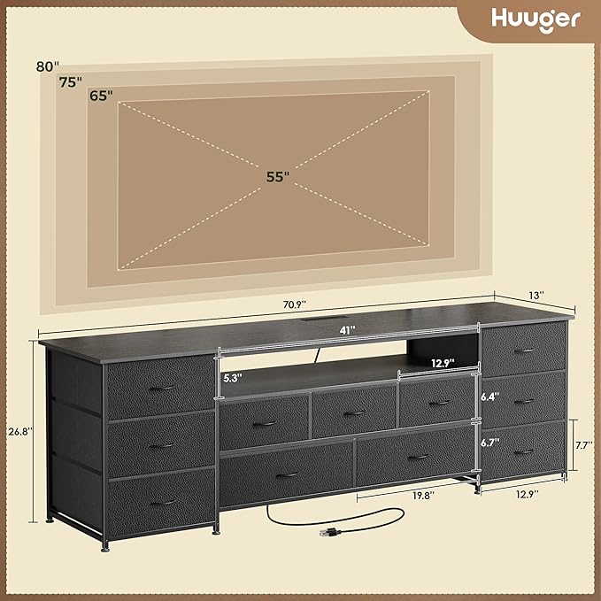 Huuger 70 Inch TV Stand for 75, 80 Inch TV, 11 Drawer Long Dresser with Power Outlets and LED Lights, Entertainment Center with Storage, Black Dresser with PU Leather Surface, 1TS011B