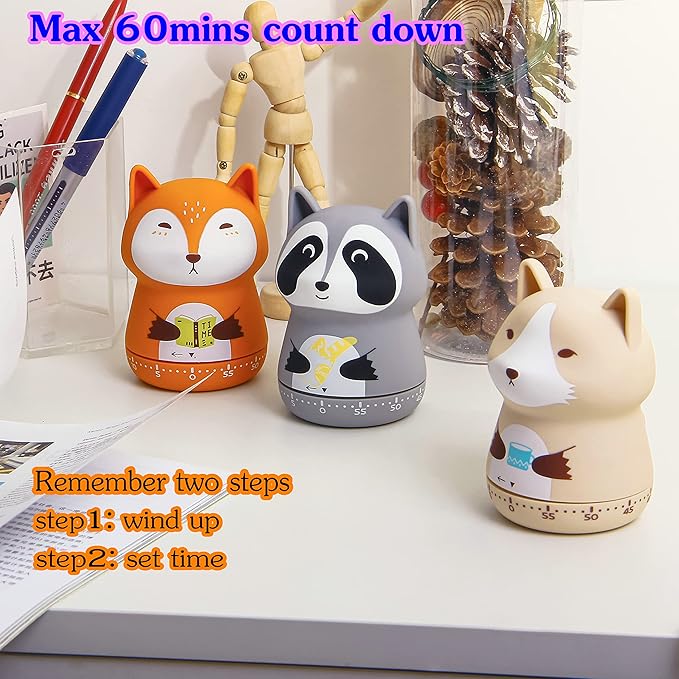 NUOSWEK Mechanical Kitchen Timer - Cute Animal Wind Up 60 Minutes Manual Countdown Timer for Kids, Classroom, Home, Study and Cooking - Grey Raccoon