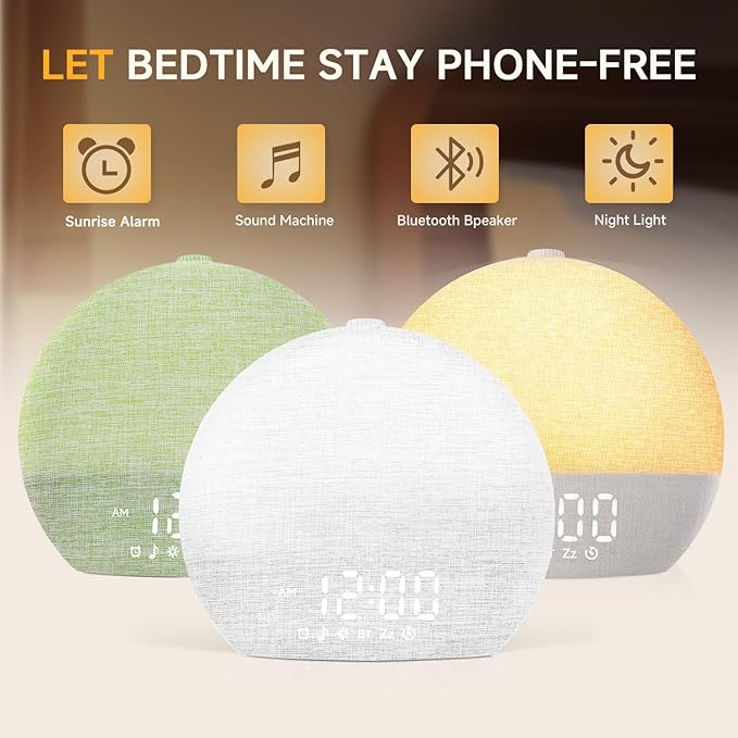 Geuuap Sunrise Alarm Clock White Noise Sound Machine for Bedroom | Natural Wake-Up Light with 30 Soothing Sleep Aids, Bluetooth Speaker, Dimmable Clock, Screen-Free Design for Baby Adults Kids-White