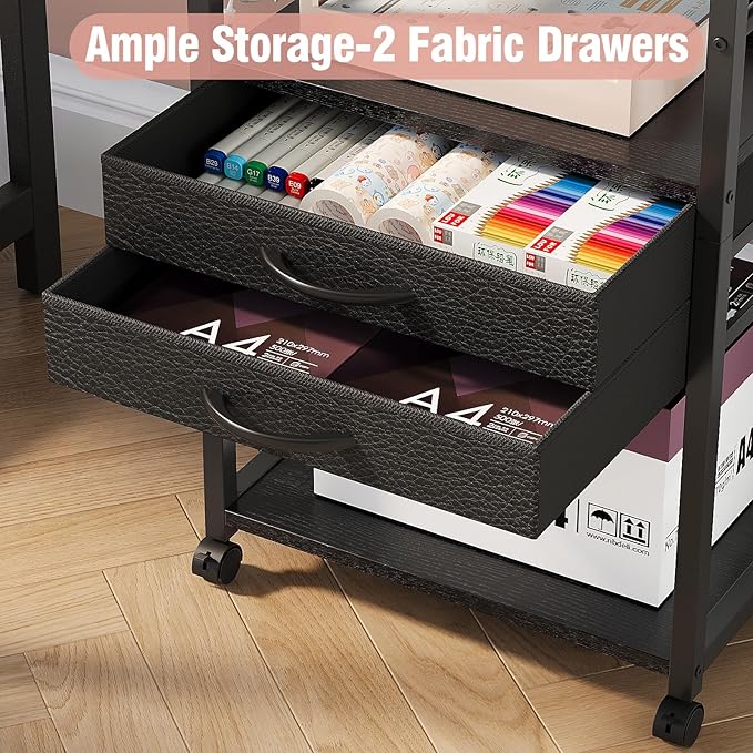 VENNQD Large Printer Stand with Storage Fabric Drawer Under Desk Printer Table with Wheels for Home Office, Printer Cart fit Fax Machine Scanner (Black, 3 Tiers)