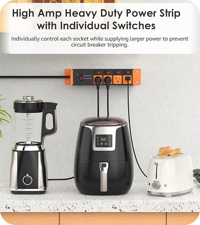 CCCEI Heavy Duty Surge Protector Power Strip 20 Amp Individual Switches. 20FT 12 Gauge Extension Cord with Multiple Outlets. Kitchen, Garage, Shop, Industrial Wall Mount Electric Extender, Orange.