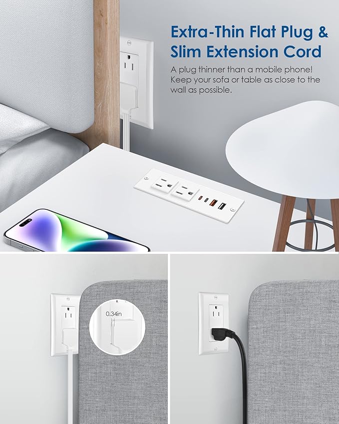 30W USB C Recessed Power Strip,Flat Plug Power Strip,2 Outlets 4 USB Ports,Furniture Flush Mount Desk Outlet,Recessed Outlet for Side Table/Sofa Table,10ft Cord White