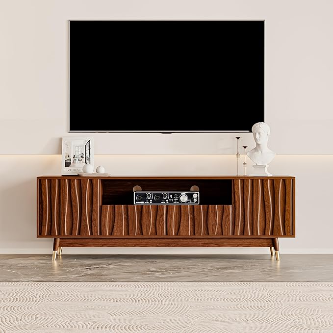 ATJafurn 66‘’ Brown Walnut Finish TV Stand for 48/55/65 Inch TVs, Mid Century Modern Wood Media Console Entertainment Center with 2 Drawers and 2 Cabinets for Living Room Bedroom