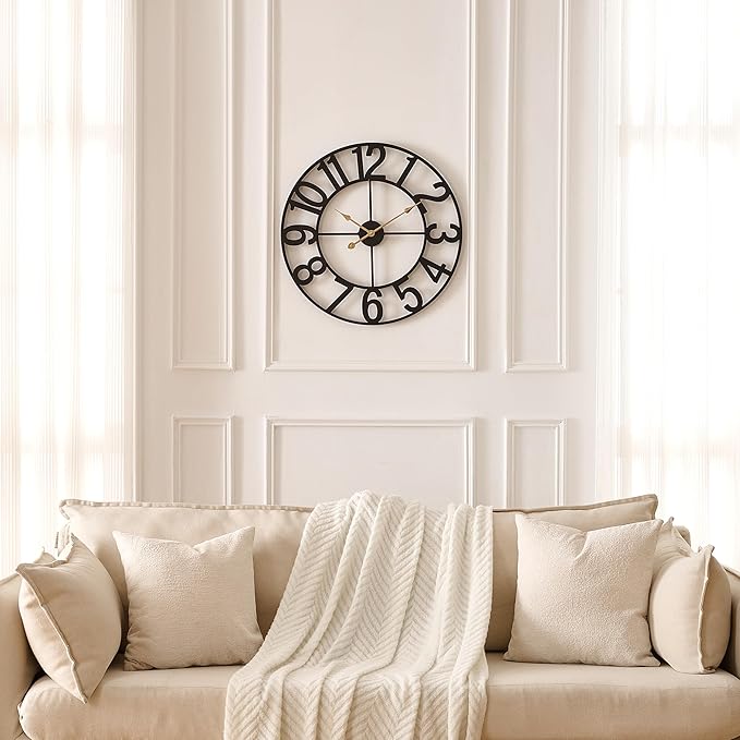Alarmore Wall Clock, 14 in Small Wall Clocks Battery Operated, Vintage Retro Mid Century Decorative Metal Clock Silent Non Ticking for Living Room Decor-Black