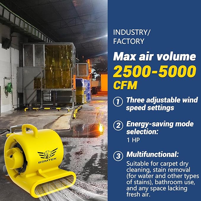 BSMTEK 2500-5000 CFM 1HP Air Mover Blower Fan, Floor Blower Dryer, 3 Speeds, 4 Adjustable Angles, Handle Wheelkit, 15Ft Long Cord Portable, Stackable - 2026 Upgraded
