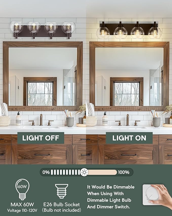 METWET Bathroom Light Fixtures Over Mirror, 4-Light Oil Rubbed Bronze Bathroom Vanity Light with Globe Clear Glass Shade, 26 Inch Modern Sconces Wall Lighting, VL195-ORB-4