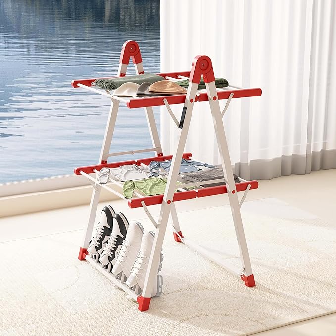 SHARNDY Electric Heated Clothes Drying Rack,Foldable Heated Garment Dryer with Timer Shut-Off Laundry Rack for Clothes Shoes Socks,Aluminum Alloy,Red,Plug & Play,(39.37x25.98x23.82in)