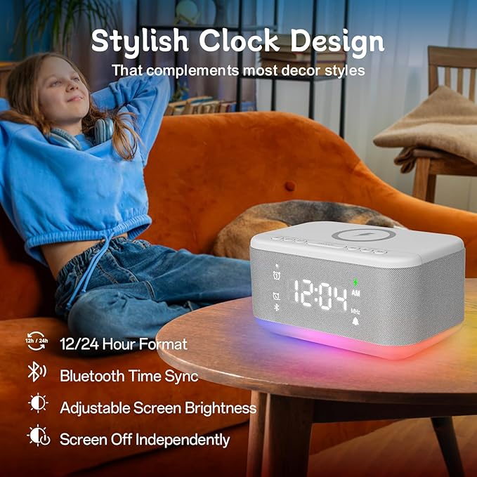 Bluetooth Alarm Clock Radio Bedroom, Digital Dual Alarm Clock Bedroom, Up to 10 Alarms Clock Night Light Speaker App/Button Control FM Charge Snooze Adjustable Brightness Dim 12/24H, Grey