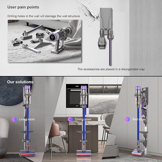 AIKOLZON Vacuum Stand for Dyson with Foldable Storage Hooks and Heavy-Duty Carbon Steel Base, No Drill Installation, Space-Saving Organizer for All Dyson Cordless Vacuums & Accessories