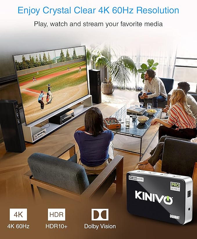 Kinivo HDMI Switch with Audio Extractor 360BNT (3 in one out, Toslink Optical Audio Port, SPDIF, 4K 60Hz, High Speed 18Gbps, IR Remote) - Compatible with Roku, PS5, Xbox, Apple TV, Dolby Digital/Atmos