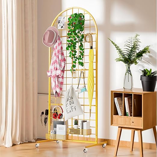 Asee'm Grid Wall Panels Display Stand 2' x 5.2' FT Gold Movable Wire Grid Wall Display Rack Heavy Floorstanding Detachable Girdwall Panel with T-Base for Craft Show Rack, Retail Displays 1PCS