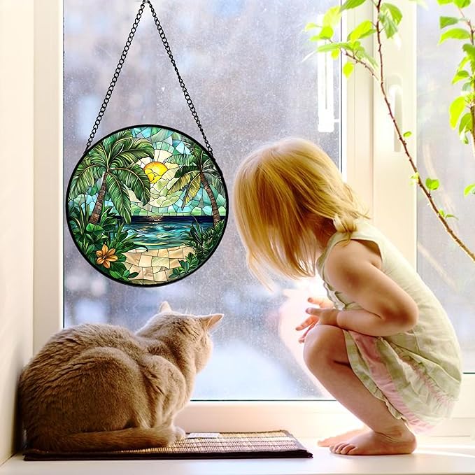 DASTOLL Stained Glass Window Hanging, Green Beach Scenery Suncatcher Diamond Glass Panel Hangings Sun Catchers Decor for Birthday for Women, Men, Wife, Aunt, and Mom 11.8x11.8 in