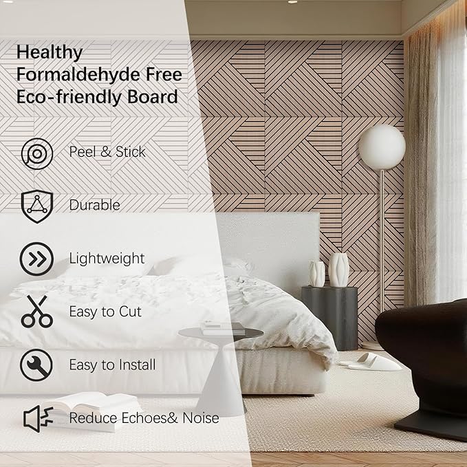 ARMURO 4 Packs Acoustic Wall Panels - Self-Adhesive 3D Wood Slat Wall Panel- Peel and Stick Sound Absorbing Panels for Noise Reducing - Feature Wall Decor for Home & Office