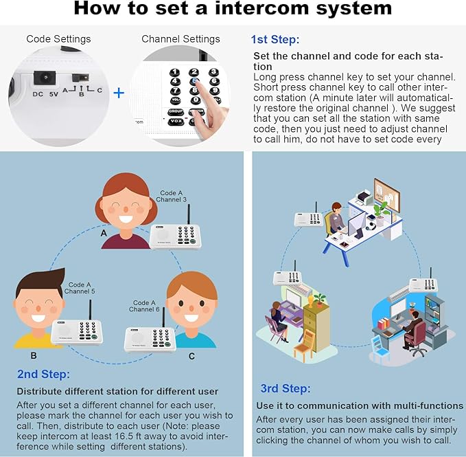 Wuloo Intercoms Wireless for Home 5280 Feet Range 10 Channel 3 Code, Wireless Intercom System for Home House Business Office, Room to Room Intercom, Home Communication System (4 Units Set, White)
