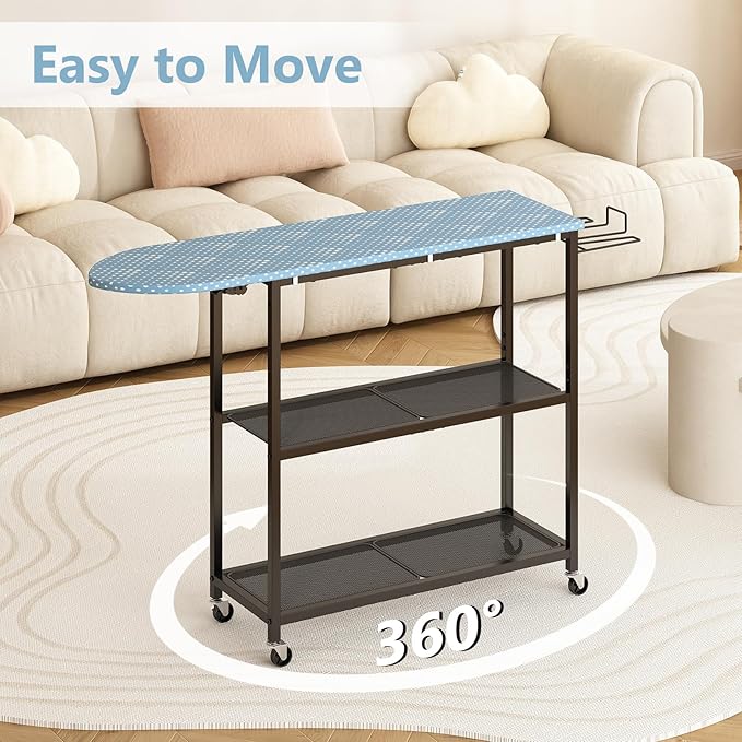 GILLAS Ironing Board with 2 Tier Storage Basket, Movable Ironing Board Full Size for Iron Rest & Clothes, Tabletop Ironing Boards, Ironing Stand Iron Boards Ironing Table Rustic Blue