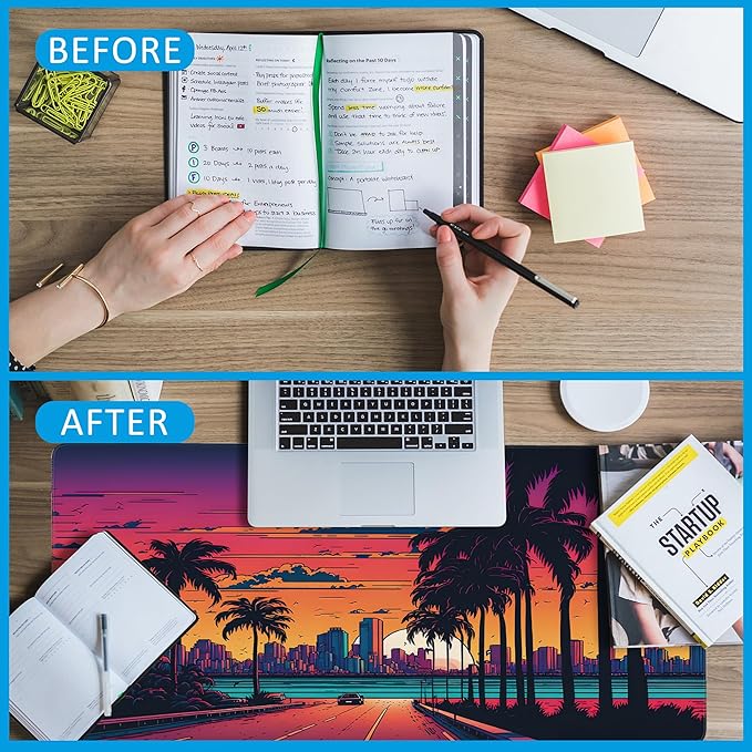EOBKLAX Mouse Pad,Orange Purple Miami Landscape Desk Mat for Desktop,Desk Pad with Non-Slip Base and Stitched Edge,Extended Mousepad for Office and Home 35.4X15.7 Inch