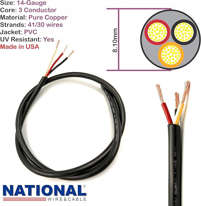 NATIONAL Wire & Cable – 14 AWG 3-Conductor Premium Copper Wire, 250 ft, Stranded | Made in USA, Heavy-Duty Flexible Jacket | Automotive, Low Voltage, LED, Lights, DIY, Indoor and Outdoor Use