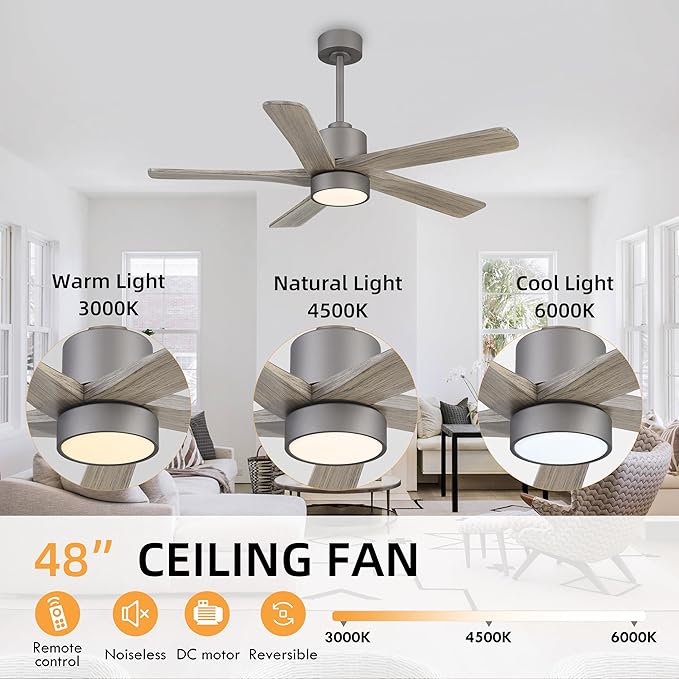 WINGBO 48 Inch DC Ceiling Fan with Lights and Remote Control, 5 Carved Solid Wood Blades, 6-Speed Noiseless Reversible DC Motor, Indoor Ceiling Fan in Graphite Finish with Gray Blades