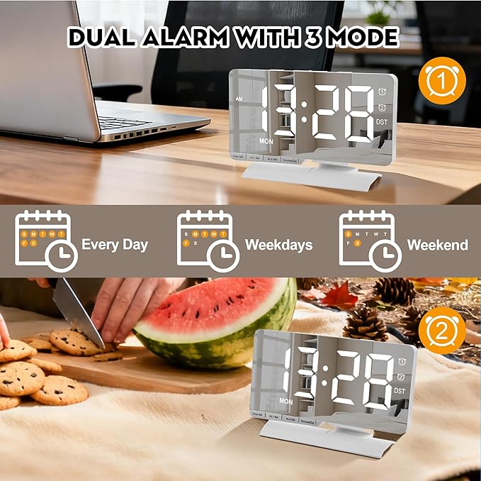SZELAM Digital Clock,Alarm Clock Bedside,7.3'' Large LED Mirror with Date Display,Dual Alarm with 3 Mode,Brightnee Adjust,DST,Snooze Function,USB C Charging Port,5 Levels Volume for Desk Bedroom Teens