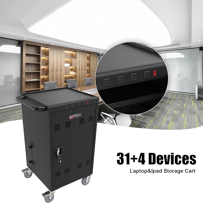 Thetilsy 35 Device Mobile Charging Station for Laptops/Tablets/iPads/Chromebooks,35 Bay Lockable Charging Cabinet with Power Strip for Classroom,School Charging Carts with Casters(Black)