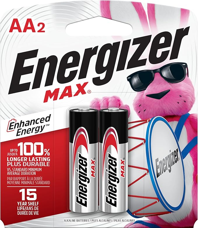 Energizer MAX Alkaline Double A Batteries, 2 Count, Long-Lasting AA Batteries, Suitable for Kids' Toys and Everyday Electronics