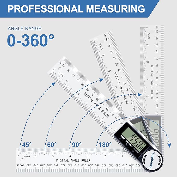 Tirpheety Digital Angle Finder Protractor, 3rd Generation Quick Display Angle Gauge Ruler, 7-Inch (200mm) Professional Measuring Tool for Woodworking, Carpentry, and Construction