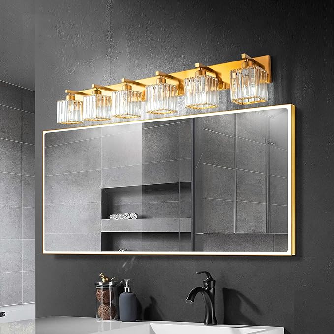 FDPBY Modern 6-Light Gold Brushed Brass Finish Crystal Wall Light for Bathroom Vanity