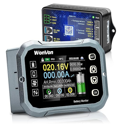 WonVon Battery Monitor with Shunt 400A 0V-120V Battery Monitor for RV Motorcycle Golf Cart Solar Panel with Screen,Capacity Percentage Time Power Voltmeter Display,Support High/Low Voltage