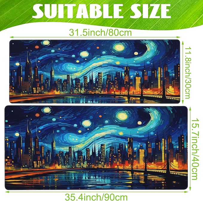 Eflxamz Desk Pad,City Starry Night Desk Mat,Abstract Oil Painting Large Gaming Mouse Pad for Desk,Extended Big Computer Keyboard Mouse Pad with Non-Slip Base and Stitched Edge,31.5"x11.8"
