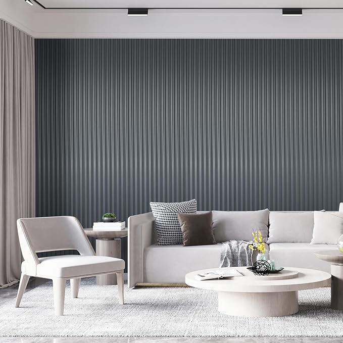 Art3dwallpanels Slat Wall Paneling, 104'' x 6.3'' Glossy Metal Finish WPC Soundproof 3D Wall Panels for Interior Wall Decor, 8 Pack Wavy Grain Panel Wall Slats, Metallic Silver Dark Gray