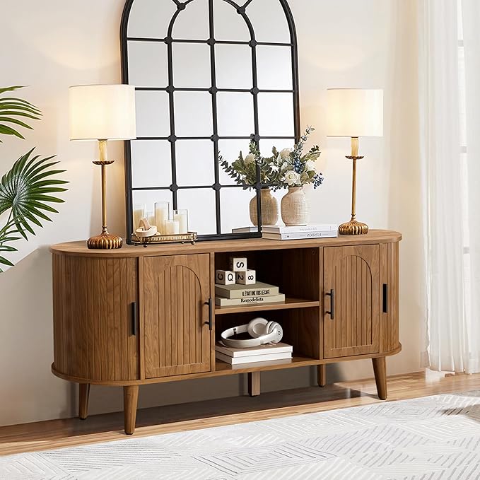 Mxtxmy 51" Fluted TV Stand, Mid-Century Modern Entertainment Center for Tvs up to 60" with Drawers and Fluted Doors, Curved TV Media Console Table with Sliding Doors for Living Room, Bedroom (51")