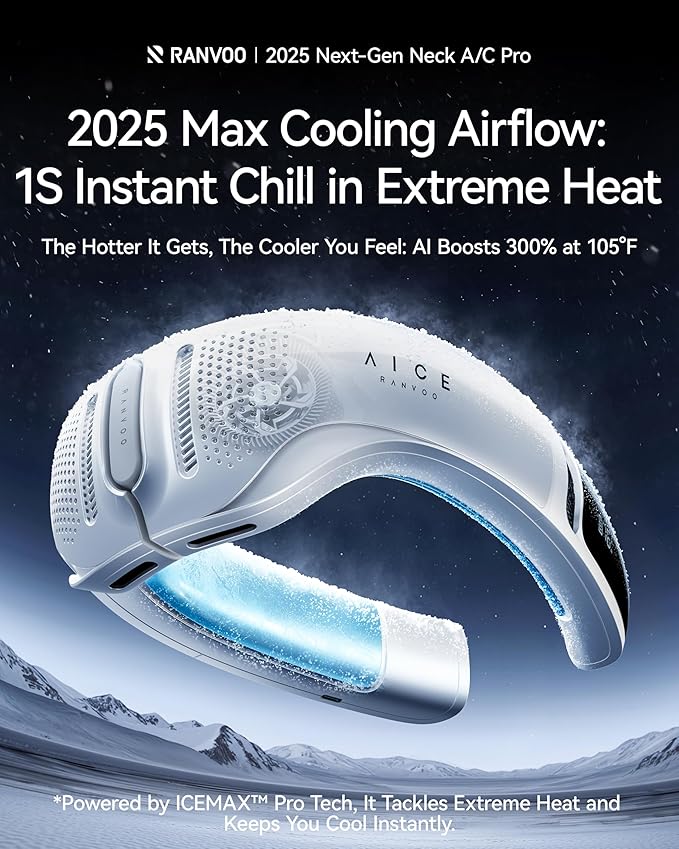 RANVOO AICE LITE Plus 2025 Max Cooling Airflow [No.1 Coolest & Most Durable] Neck Air Conditioner, Ultimate Immersive Personal AC 6000 mAh Rechargeable Neck Fan Blow Cold Air, Gifts for Mom/Dad, White