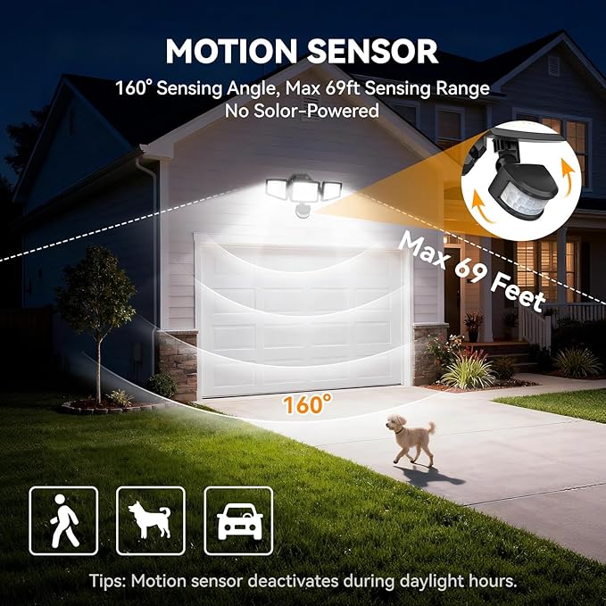 PURICH Upgraded LED Security Lights Motion Sensor Light Outdoor, 7000LM, 6500K, Waterproof, Flood Light Outdoor Motion Detector with Adjustable 3 Head, Hardwired Wall Light for Entryway, Yard, Garage