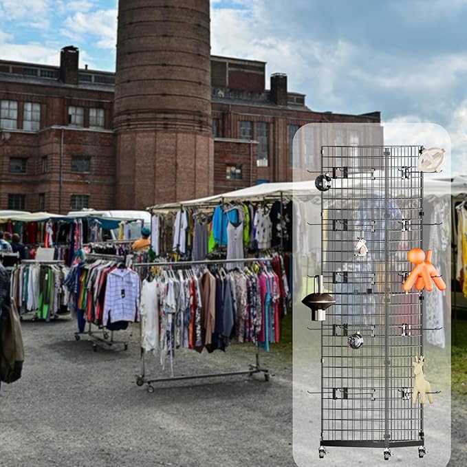 ztysn Grid Wall Panels Display Stand - 22"*66" Triangular Display Racks for Vendor Events with 30 Hooks, Art Display Panels Heavy Duty Floor Standing Movable Retail Display Stand