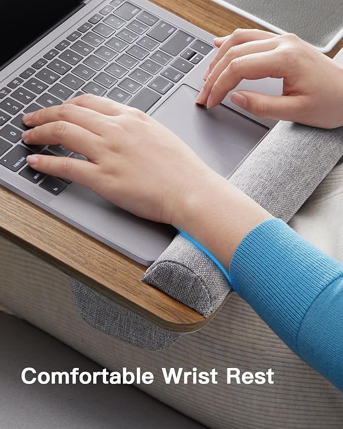 HUANUO Lap Desk - Fits up to 17 inches Laptop Desk, Built in Mouse Pad & Wrist Pad for Notebook, Laptop, Tablet, Lap Stand with Tablet, Pen & Phone Holder, Brown Woodgrain