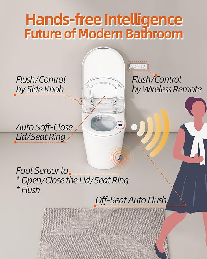 Luoware Smart Toilet with Bidet Built in, Luxury One Piece Elongated Bidet Toilet with Auto Close & Flush, Foot Sensor to Open/Close/Flush, Heated Seat, Massage Wash, Night Light, Remote Control
