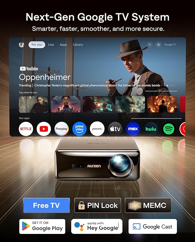 Aurzen EAZZE D1 MAX Upgraded Google TV Smart Projector 4K Supported, Ultra-Bright 1000 ANSI Lumens, MEMC Tech, Fully Automatics, 20W DoIby Audio, Home Theater Movie Projector with WiFi and Bluetooth