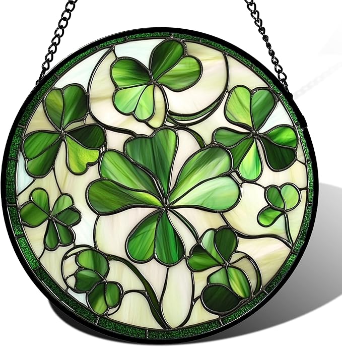 CRISGIF Stained Glass Window Hanging - Ireland Green Lucky Clover Suncatcher for Doors Garden St. Patrick's Day Sun Catchers Decor Mother's Day Birthday for Women Men Mom Nana 15 in
