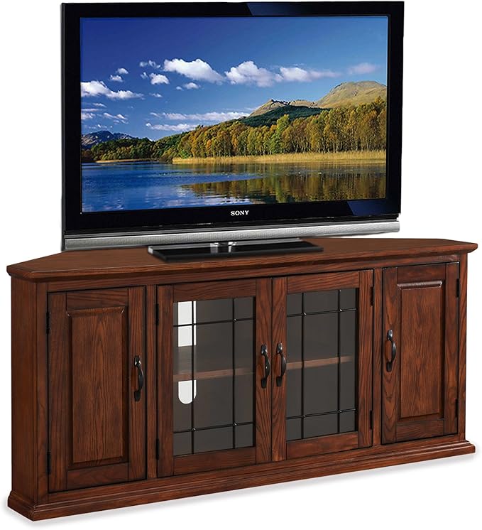 Leick Home Riley Corner TV Stand 60 in, Burnished Oak, Solid Wood, Beveled Tempered Glass, Blackened Hardware, Adjustable Shelf, Easy Assembly, 56 in L x 20 in W x 25 in H, Item 80386