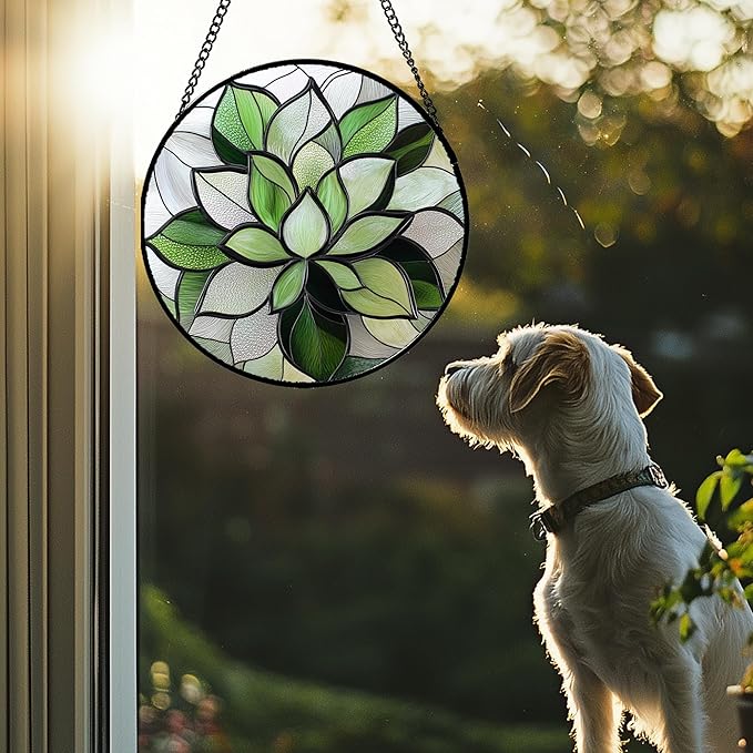 CRISGIF Stained Glass Window Hanging - Ireland Green Plants Suncatcher for Doors Garden Succulent Sun Catchers Decor Mother's St. Patrick's Day Birthday for Women Men Mom Nana 6.3 in