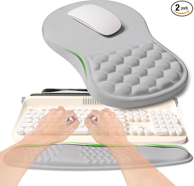 KUOSGM 2-in-1 Ergonomic Set, Wave Rise Keyboard Wrist Rest and Massage Bulge Slope Mouse Pad Wrist Support, Cushion Memory Foam Integrated to Relieve Wrist Pain, Silver Gray