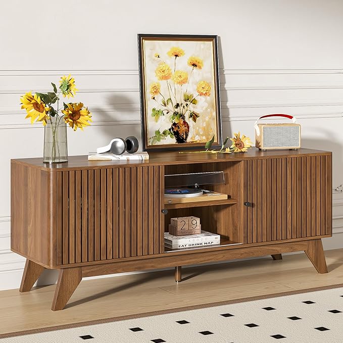 Oubayajia Mid Century Modern TV Stand for Televisions up to 60 Inches, with Sliding Doors and Storage, Curved Edge Television Stands, TV Consoles, Media Consoles for Living Room (Walnut, 51.2inch)