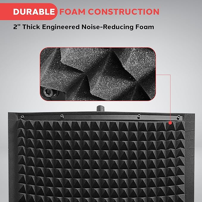 Pyle Microphone Isolation Panel with Height Adjustable Tripod Stand - High Density 2" Thick Foam Sound Dampening Wall - Foldable & Portable Mic Shield for Podcasts, Singing, Recording, Broadcasting