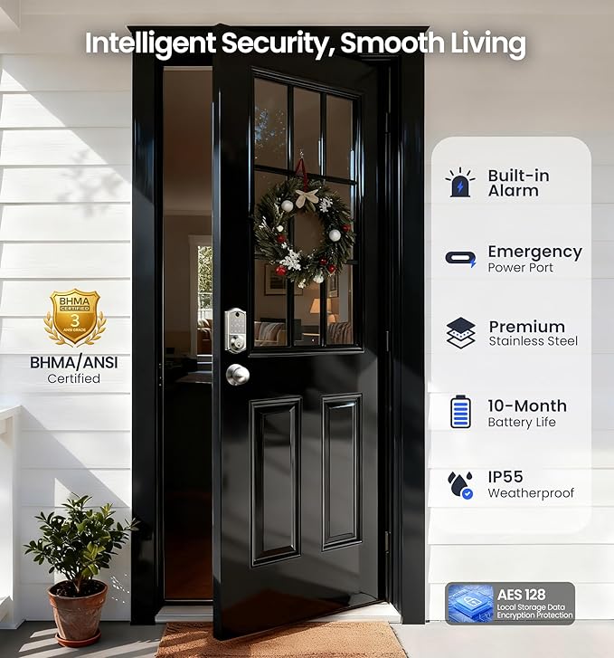 Veise VE017-K Fingerprint Smart Lock with 2 Knobs, App Control, Keyless Entry Front Door Lock with Handle Set, Electronic Digital Touchscreen Keypad Deadbolt, IP55 Waterproof, Auto-Lock, Satin Nickel