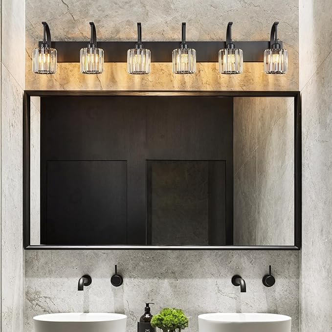 FDPBY 6-Light Crystal Vanity Light, Black Modern Wall Sconce with K9 Crystal Shades, 51.18" Long Over Mirror Lighting for Bathroom, Makeup, Hallway, Elegant & Easy Install