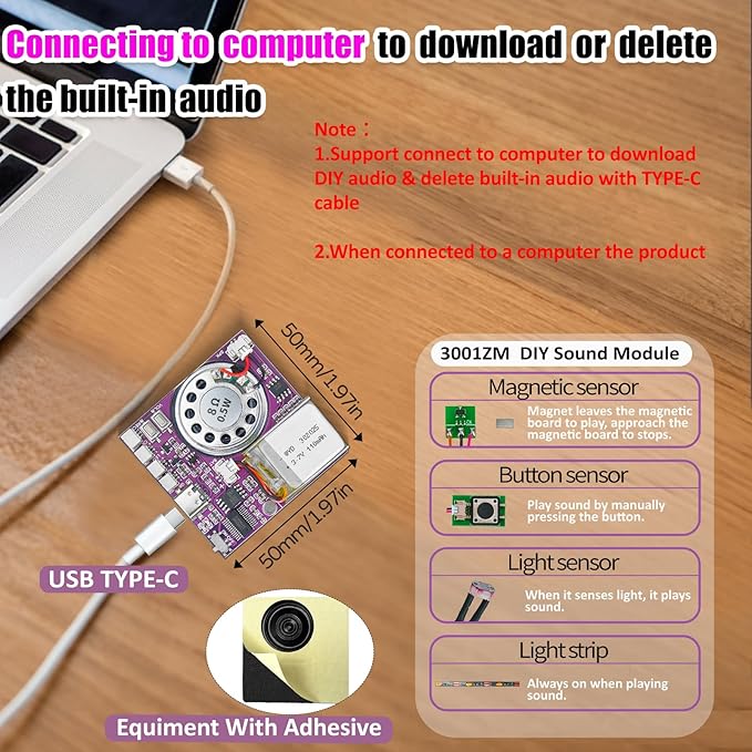 XLW Sound Module, 16MB Push Button, Magnetron, Light Control Activated Recordable Voice Sound Chip Module with LED Light Strip, Speaker, for Greeting Card Audiobook, Xmas Presents Boxes, Kids's Toys.