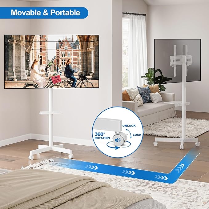 HOLMAXD Mobile TV Stand for 23-65 Inch LCD LED Flat/Curved Panel Screen TVs, Height Adjustable Rolling TV Stand with Tilt Mount and Shelf, Portable Stand Holds up to 110 lbs, Max VESA 400x400mm, White