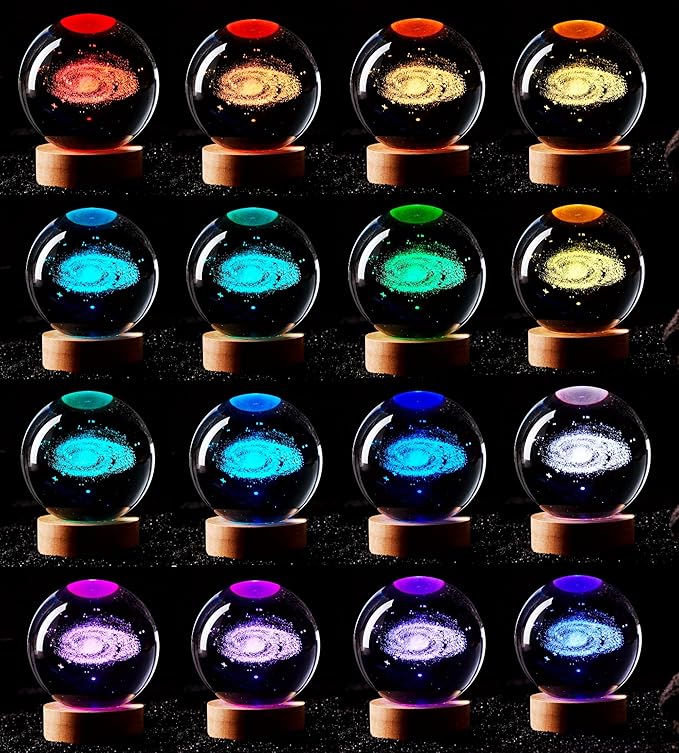 Conalisk 3D Galaxy Crystal Ball Lamp,3.15 Inch K9 Crystal Ball Night Light with Wooden Base,16 Colors Changing Light with Dimmable Remote Control,3D Laser Engraving Holographic Lamp (Galaxy)
