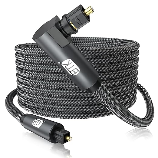 EMK 90 Degree Toslink Optical Cable 360 Degree Free-Rotating Plug Fiber Optic Cable S/PDIF Toslink Male to Male for Home Theater, Sound Bar, TV, PS4, Xbox,Grey (30ft/10m)